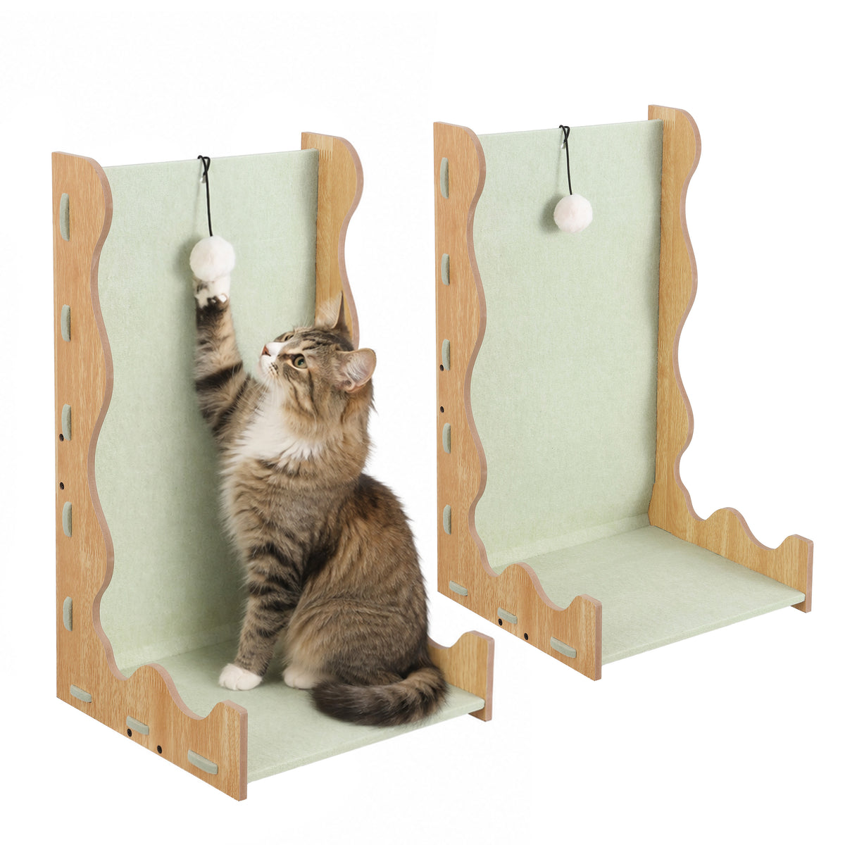 Toby 22 in. Modern L-Shaped Felt Cat Scratcher with Hanging Ball Toy - Sage Green