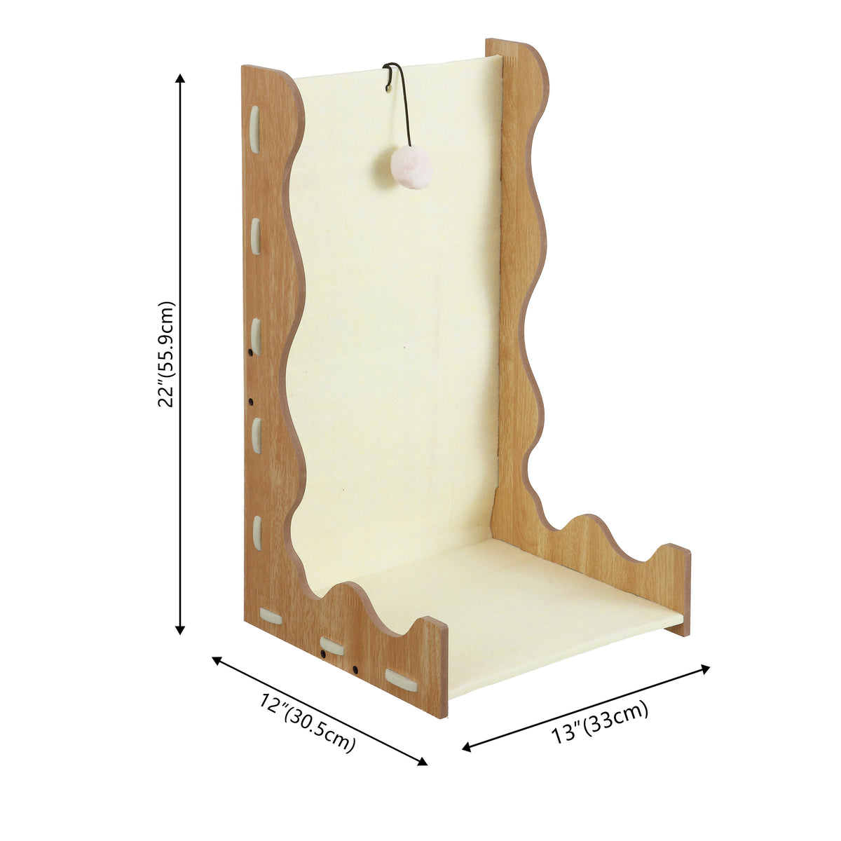 Toby 22 in. Modern L-Shaped Felt Cat Scratcher with Hanging Ball Toy - Buttercream