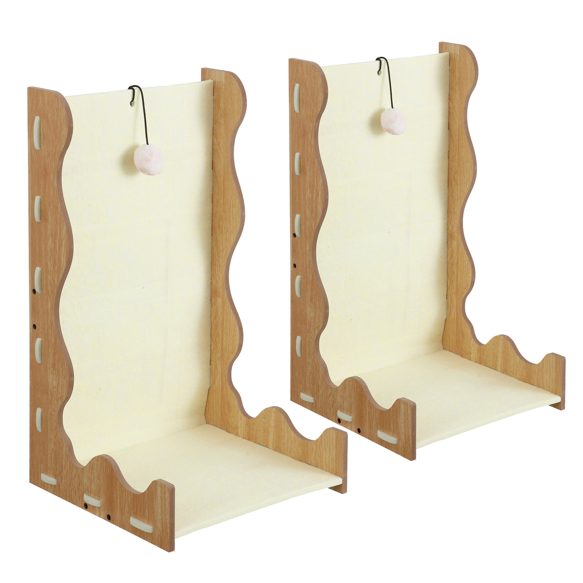Toby 22 in. Modern L-Shaped Felt Cat Scratcher with Hanging Ball Toy - Buttercream