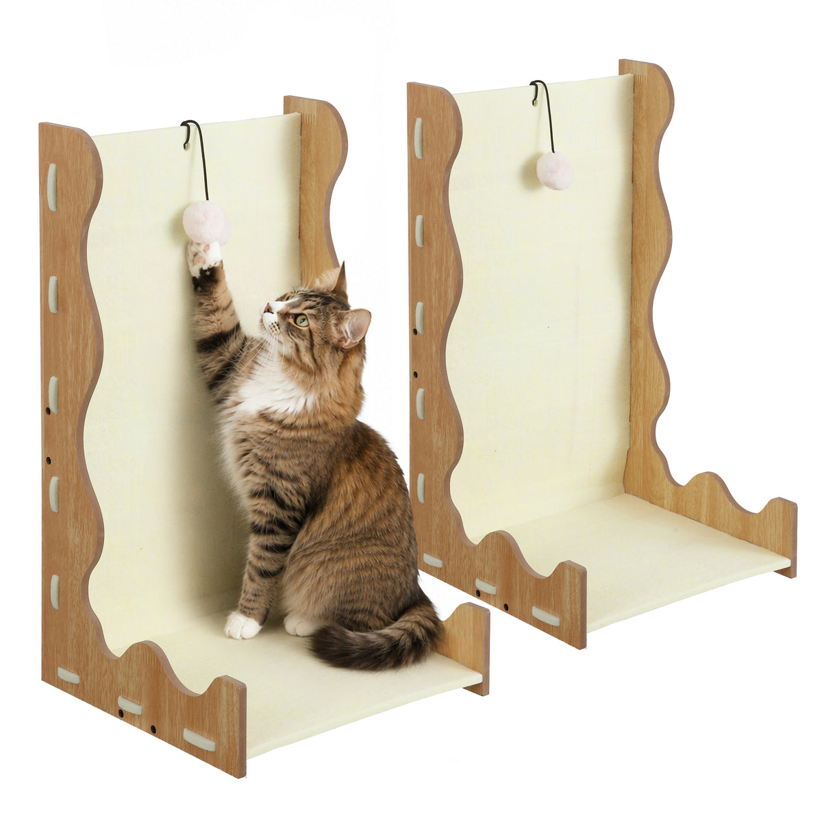 Toby 22 in. Modern L-Shaped Felt Cat Scratcher with Hanging Ball Toy - Buttercream