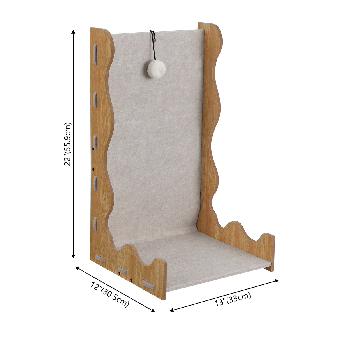Toby 22 in. Modern L-Shaped Felt Cat Scratcher with Hanging Ball Toy - Khaki