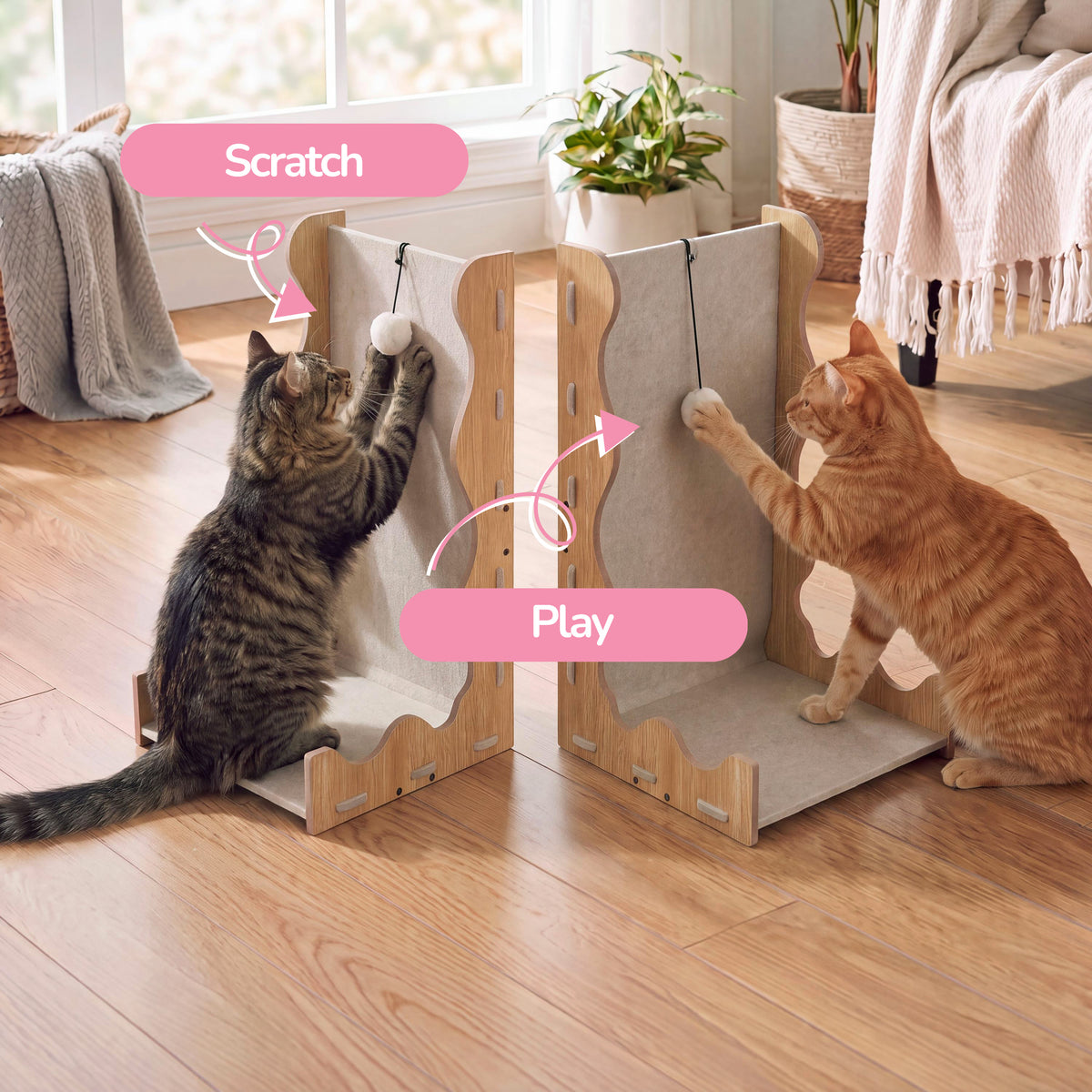 Toby 22 in. Modern L-Shaped Felt Cat Scratcher with Hanging Ball Toy - Khaki