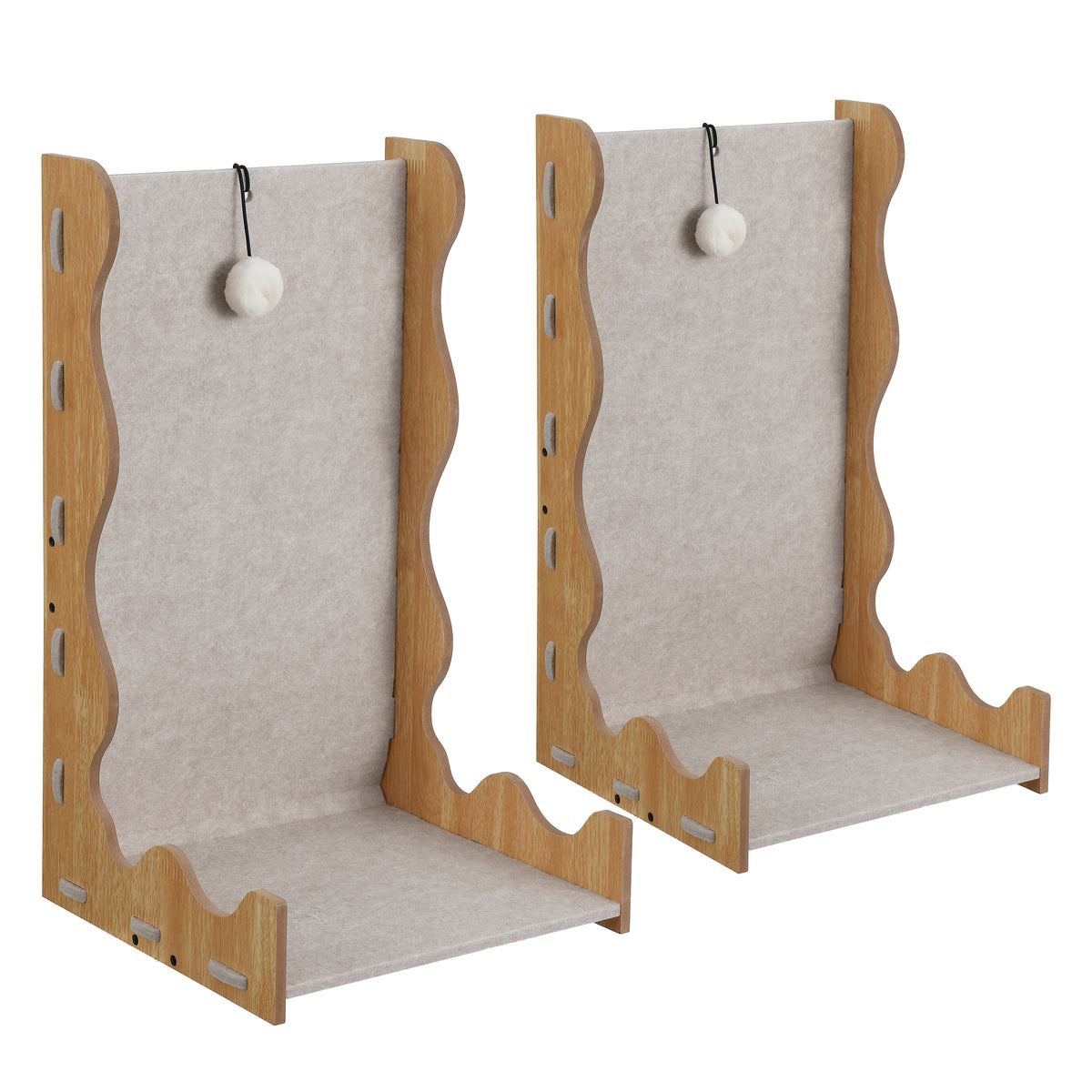 Toby 22 in. Modern L-Shaped Felt Cat Scratcher with Hanging Ball Toy - Khaki