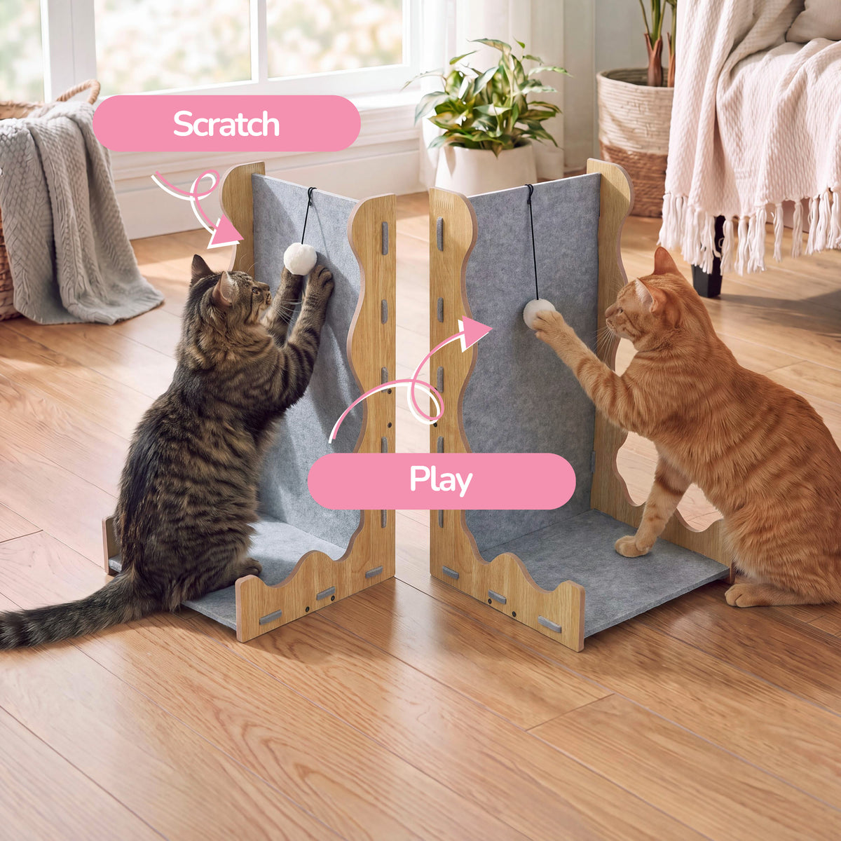 Toby 22 in. Modern L-Shaped Felt Cat Scratcher with Hanging Ball Toy - Gray