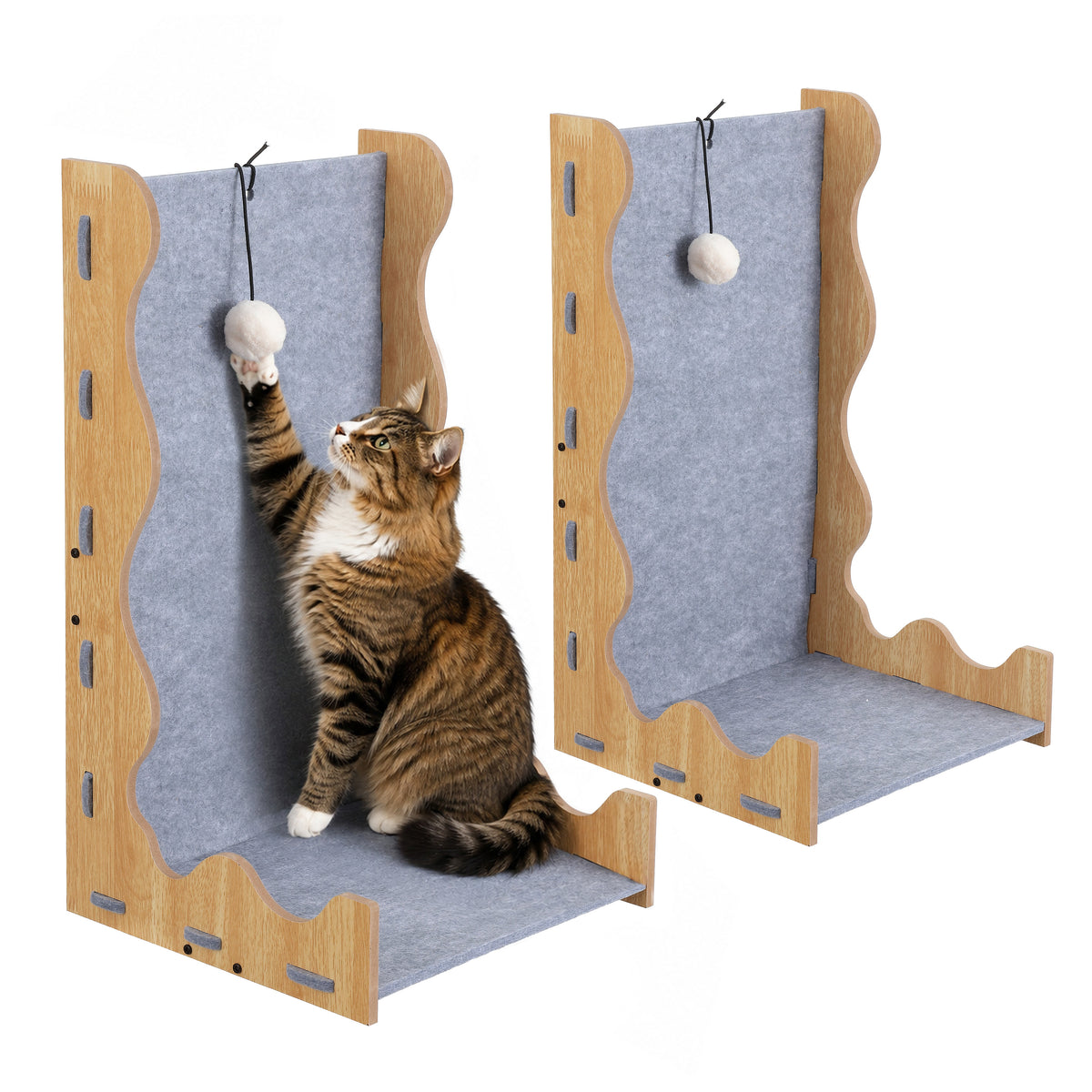 Toby 22 in. Modern L-Shaped Felt Cat Scratcher with Hanging Ball Toy - Gray