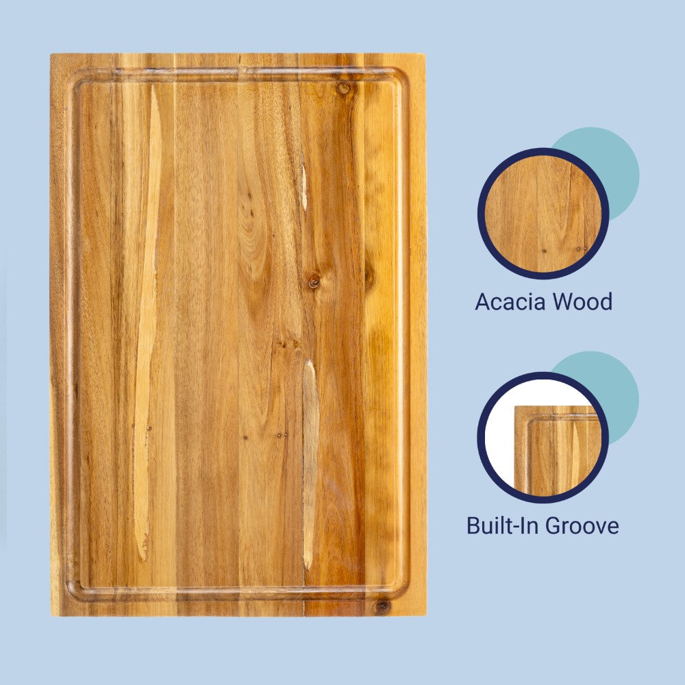 Nuvora Handcrafted Acacia Wood Grain Thick Reversible Cutting Board with Juice Grooves