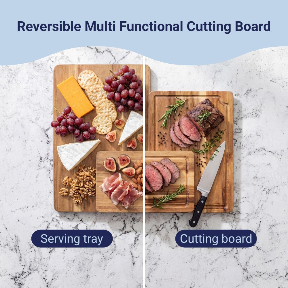 Savora Handcrafted Acacia Wood Grain Reversible Cutting Board with Juice Grooves and Built-In Handle