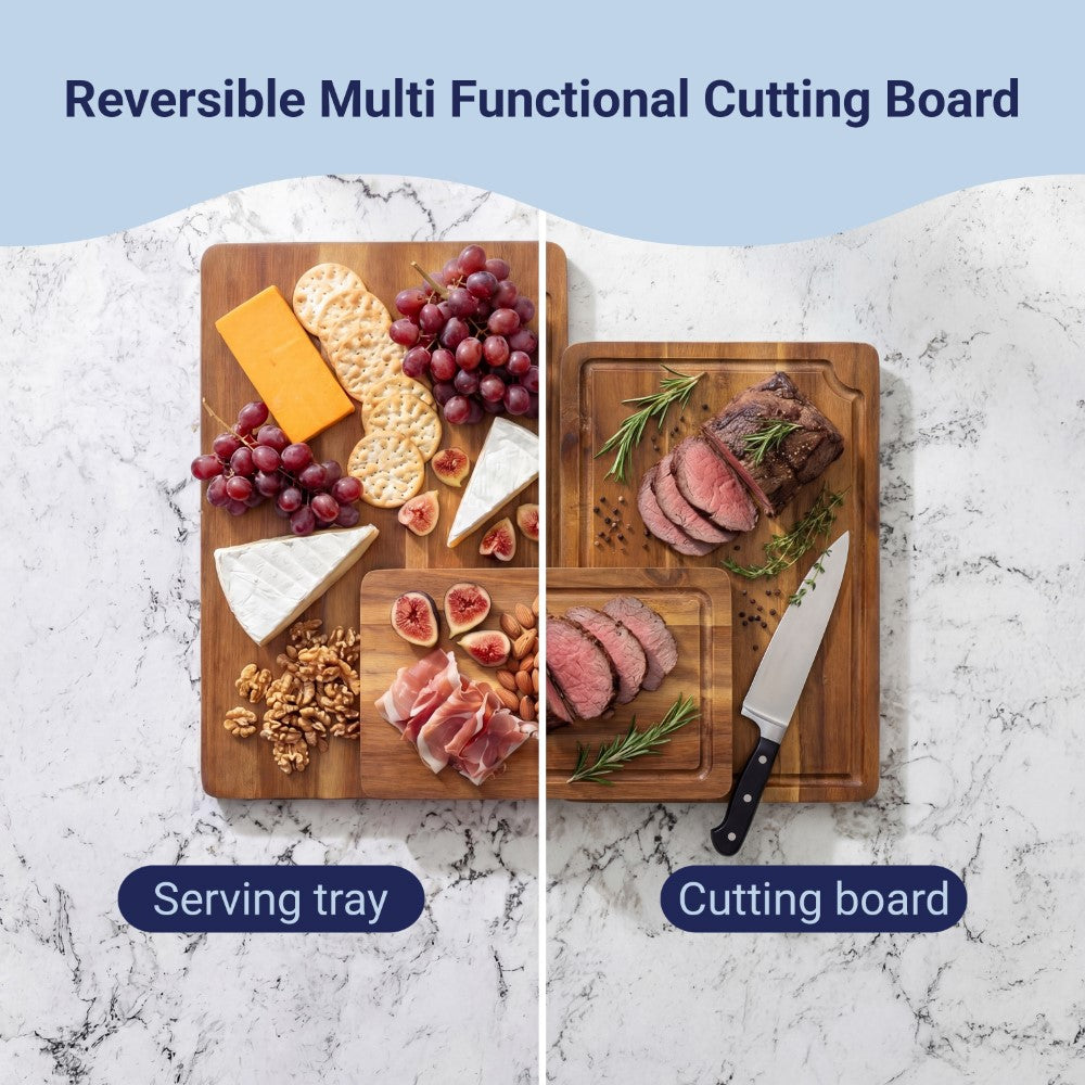 Savora Handcrafted Acacia Wood Grain Reversible Cutting Board with Juice Grooves and Built-In Handle
