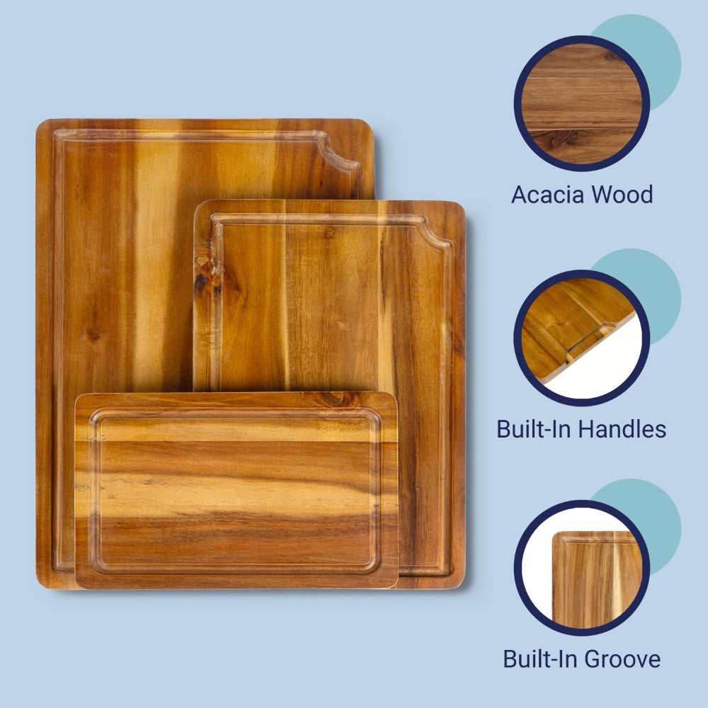 Savora Handcrafted Acacia Wood Grain Reversible Cutting Board with Juice Grooves and Built-In Handle