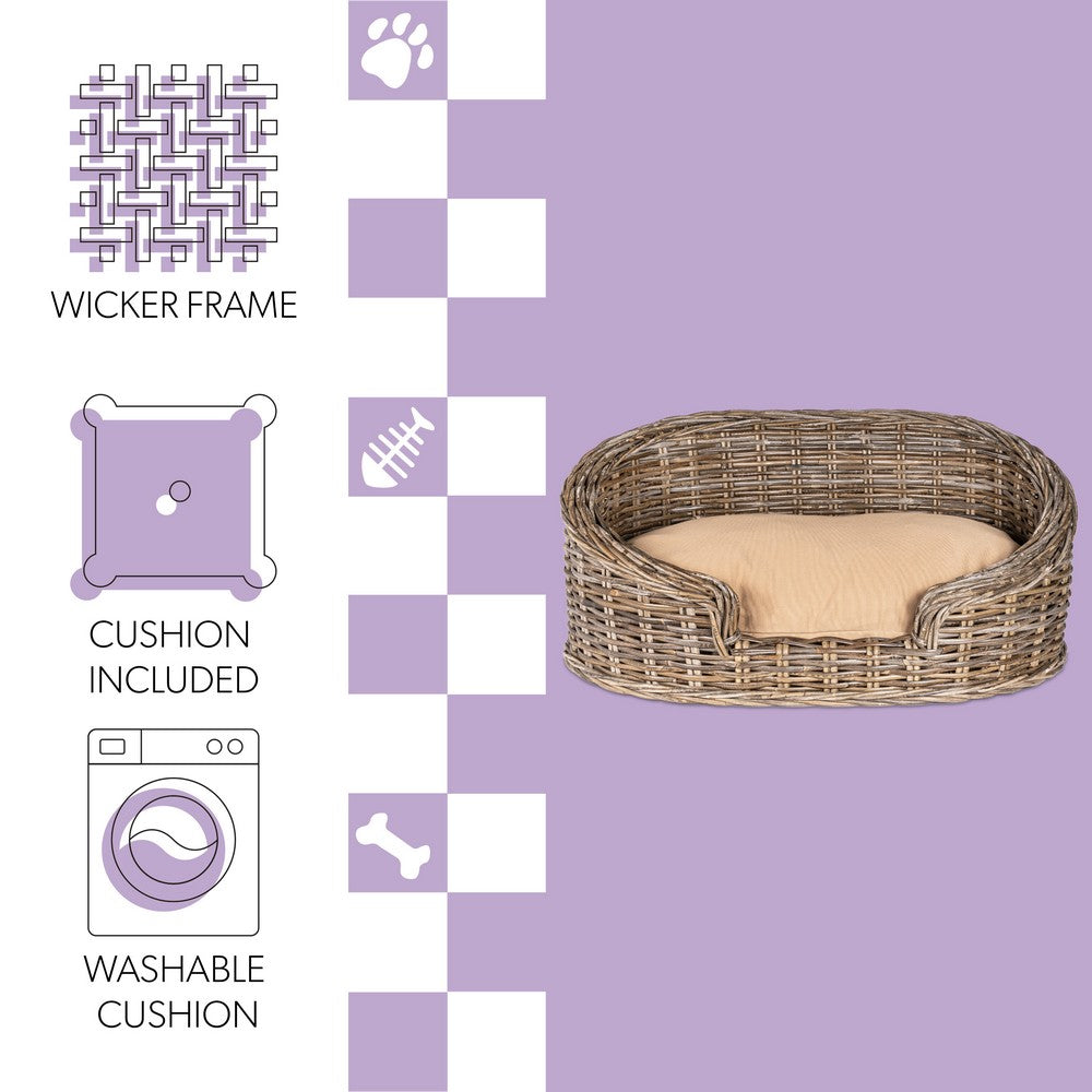 Curvy Rattan Pet Bed with Machine-Washable Cushion