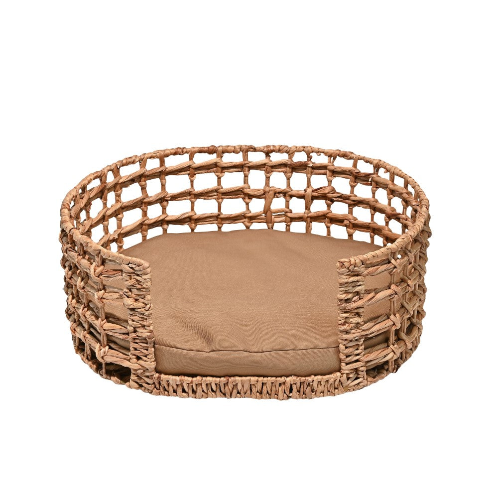 Giri 24" x 18" Modern Bohemian Handwoven Hyacinth Open-Weave Oval Pet Bed with Machine-Washable Cushion