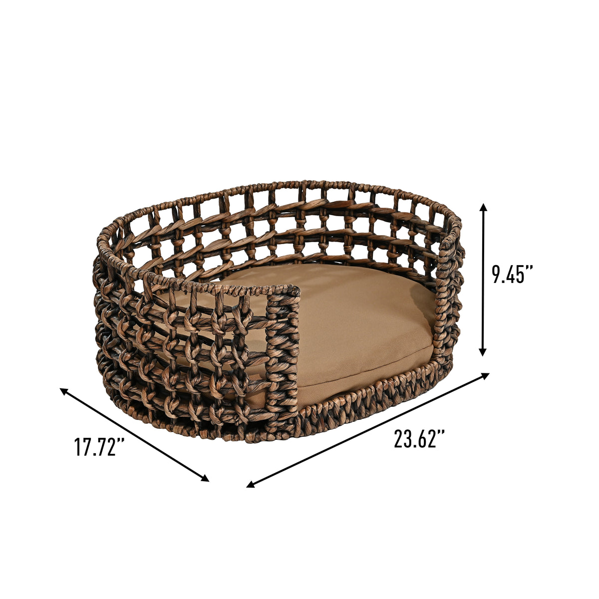 Giri 24" x 18" Modern Bohemian Handwoven Hyacinth Open-Weave Oval Pet Bed with Machine-Washable Cushion