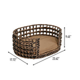Giri 24" x 18" Modern Bohemian Handwoven Hyacinth Open-Weave Oval Pet Bed with Machine-Washable Cushion
