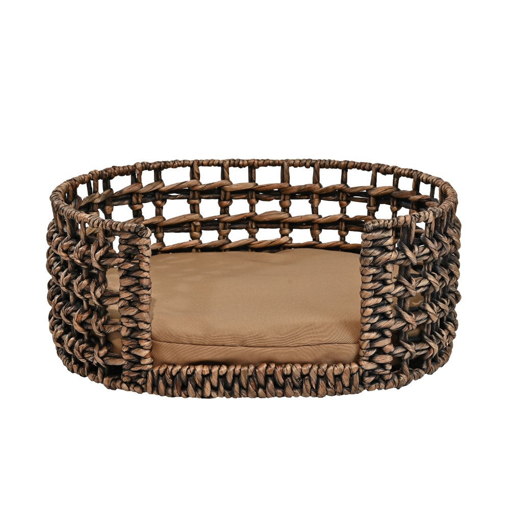 Giri 24" x 18" Modern Bohemian Handwoven Hyacinth Open-Weave Oval Pet Bed with Machine-Washable Cushion