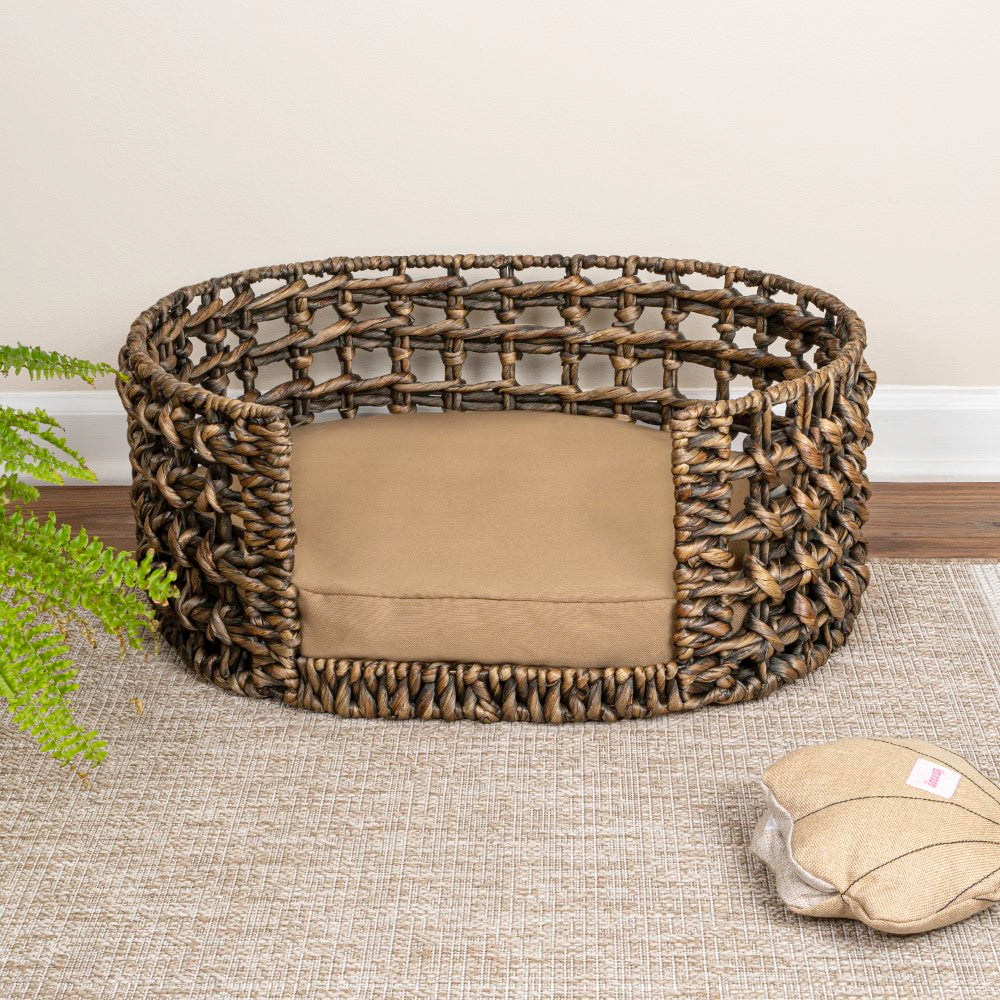 Giri 24" x 18" Modern Bohemian Handwoven Hyacinth Open-Weave Oval Pet Bed with Machine-Washable Cushion