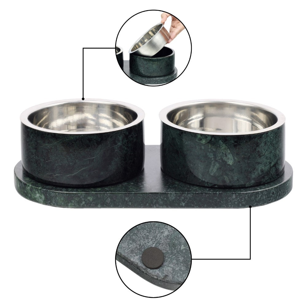 PinePaw Small/Medium Modern Weighted Double Marble and Stainless Steel Bowl 12oz (1.5 Cups) Feeder with Non-Slip Marble Tray Set