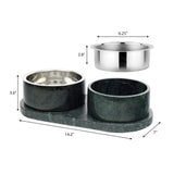 PinePaw Small/Medium Modern Weighted Double Marble and Stainless Steel Bowl 12oz (1.5 Cups) Feeder with Non-Slip Marble Tray Set