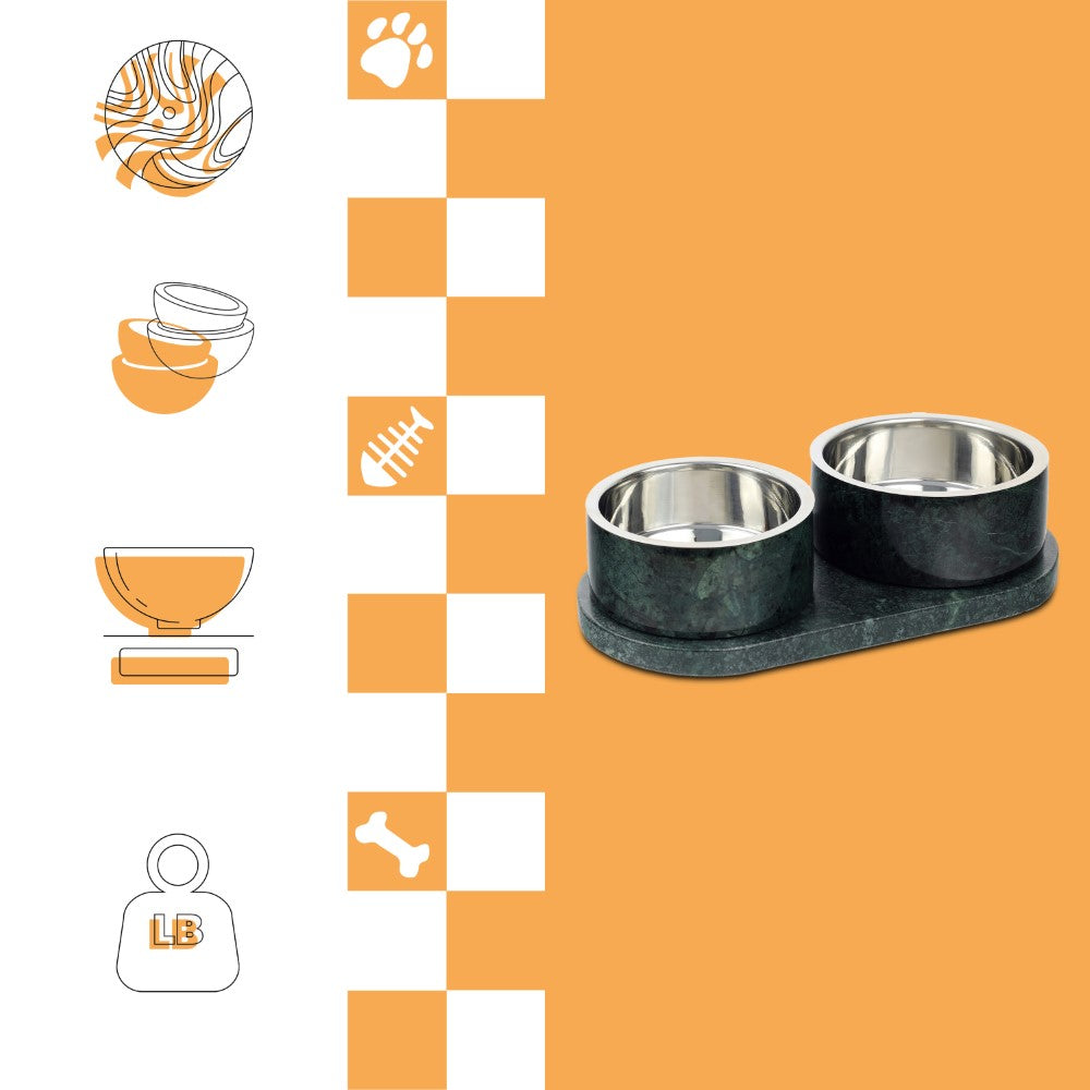 PinePaw Small/Medium Modern Weighted Double Marble and Stainless Steel Bowl 12oz (1.5 Cups) Feeder with Non-Slip Marble Tray Set