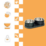 PinePaw Small/Medium Modern Weighted Double Marble and Stainless Steel Bowl 12oz (1.5 Cups) Feeder with Non-Slip Marble Tray Set