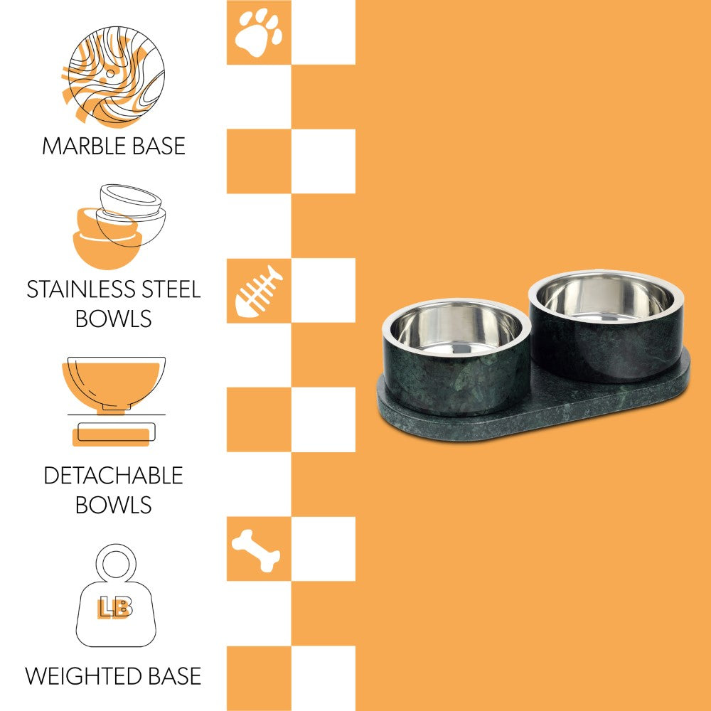 PinePaw Small/Medium Modern Weighted Double Marble and Stainless Steel Bowl 12oz (1.5 Cups) Feeder with Non-Slip Marble Tray Set