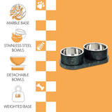 PinePaw Small/Medium Modern Weighted Double Marble and Stainless Steel Bowl 12oz (1.5 Cups) Feeder with Non-Slip Marble Tray Set