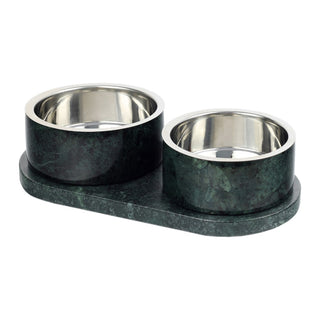 PinePaw Small/Medium Modern Weighted Double Marble and Stainless Steel Bowl 12oz (1.5 Cups) Feeder with Non-Slip Marble Tray Set