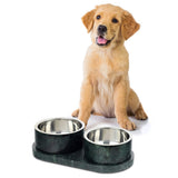 PinePaw Small/Medium Modern Weighted Double Marble and Stainless Steel Bowl 12oz (1.5 Cups) Feeder with Non-Slip Marble Tray Set