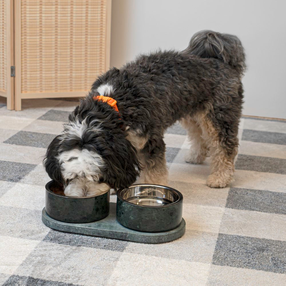 PinePaw Small/Medium Modern Weighted Double Marble and Stainless Steel Bowl 12oz (1.5 Cups) Feeder with Non-Slip Marble Tray Set