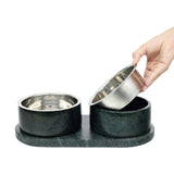 PinePaw Small/Medium Modern Weighted Double Marble and Stainless Steel Bowl 12oz (1.5 Cups) Feeder with Non-Slip Marble Tray Set