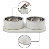 PinePaw Small/Medium Modern Weighted Double Marble and Stainless Steel Bowl 12oz (1.5 Cups) Feeder with Non-Slip Marble Tray Set