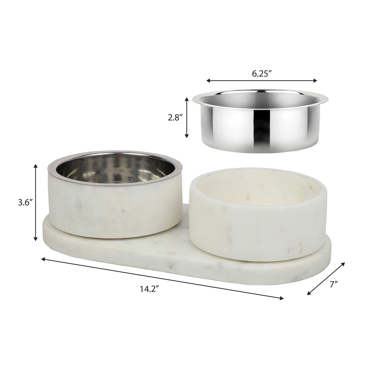 PinePaw Small/Medium Modern Weighted Double Marble and Stainless Steel Bowl 12oz (1.5 Cups) Feeder with Non-Slip Marble Tray Set