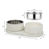 PinePaw Small/Medium Modern Weighted Double Marble and Stainless Steel Bowl 12oz (1.5 Cups) Feeder with Non-Slip Marble Tray Set
