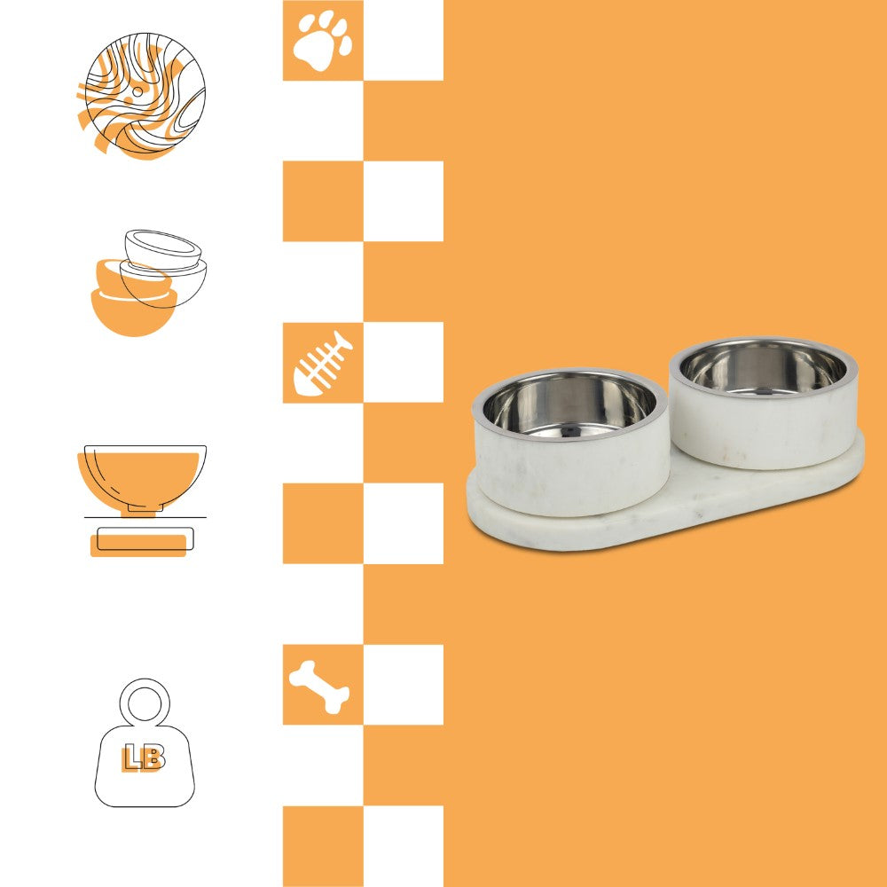 PinePaw Small/Medium Modern Weighted Double Marble and Stainless Steel Bowl 12oz (1.5 Cups) Feeder with Non-Slip Marble Tray Set