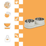 PinePaw Small/Medium Modern Weighted Double Marble and Stainless Steel Bowl 12oz (1.5 Cups) Feeder with Non-Slip Marble Tray Set