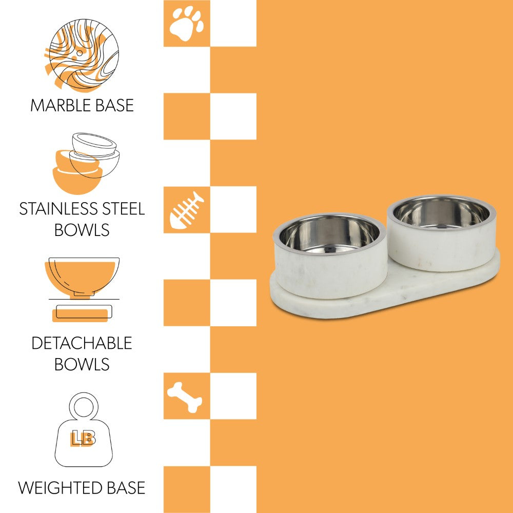 PinePaw Small/Medium Modern Weighted Double Marble and Stainless Steel Bowl 12oz (1.5 Cups) Feeder with Non-Slip Marble Tray Set