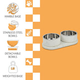 PinePaw Small/Medium Modern Weighted Double Marble and Stainless Steel Bowl 12oz (1.5 Cups) Feeder with Non-Slip Marble Tray Set