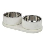 PinePaw Small/Medium Modern Weighted Double Marble and Stainless Steel Bowl 12oz (1.5 Cups) Feeder with Non-Slip Marble Tray Set