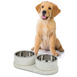 PinePaw Small/Medium Modern Weighted Double Marble and Stainless Steel Bowl 12oz (1.5 Cups) Feeder with Non-Slip Marble Tray Set