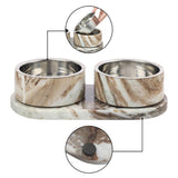 PinePaw Small/Medium Modern Weighted Double Marble and Stainless Steel Bowl 12oz (1.5 Cups) Feeder with Non-Slip Marble Tray Set