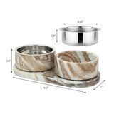PinePaw Small/Medium Modern Weighted Double Marble and Stainless Steel Bowl 12oz (1.5 Cups) Feeder with Non-Slip Marble Tray Set