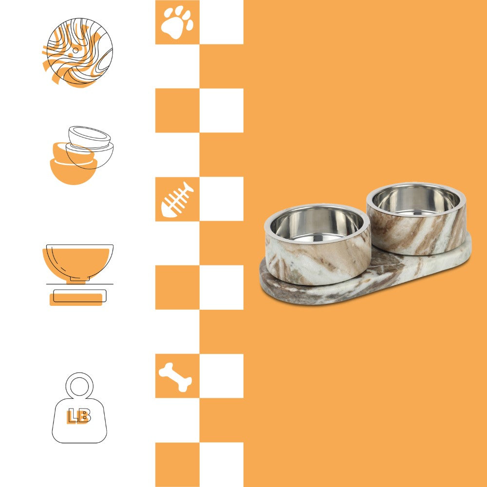 PinePaw Small/Medium Modern Weighted Double Marble and Stainless Steel Bowl 12oz (1.5 Cups) Feeder with Non-Slip Marble Tray Set