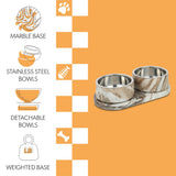 PinePaw Small/Medium Modern Weighted Double Marble and Stainless Steel Bowl 12oz (1.5 Cups) Feeder with Non-Slip Marble Tray Set
