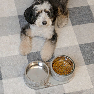 PinePaw Small/Medium Modern Weighted Double Marble and Stainless Steel Bowl 12oz (1.5 Cups) Feeder with Non-Slip Marble Tray Set
