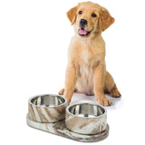 PinePaw Small/Medium Modern Weighted Double Marble and Stainless Steel Bowl 12oz (1.5 Cups) Feeder with Non-Slip Marble Tray Set