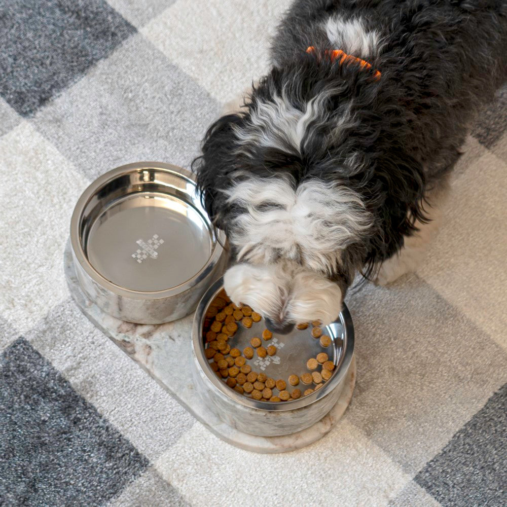 PinePaw Small/Medium Modern Weighted Double Marble and Stainless Steel Bowl 12oz (1.5 Cups) Feeder with Non-Slip Marble Tray Set