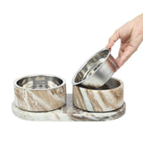 PinePaw Small/Medium Modern Weighted Double Marble and Stainless Steel Bowl 12oz (1.5 Cups) Feeder with Non-Slip Marble Tray Set