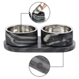 PinePaw Small/Medium Modern Weighted Double Marble and Stainless Steel Bowl 12oz (1.5 Cups) Feeder with Non-Slip Marble Tray Set