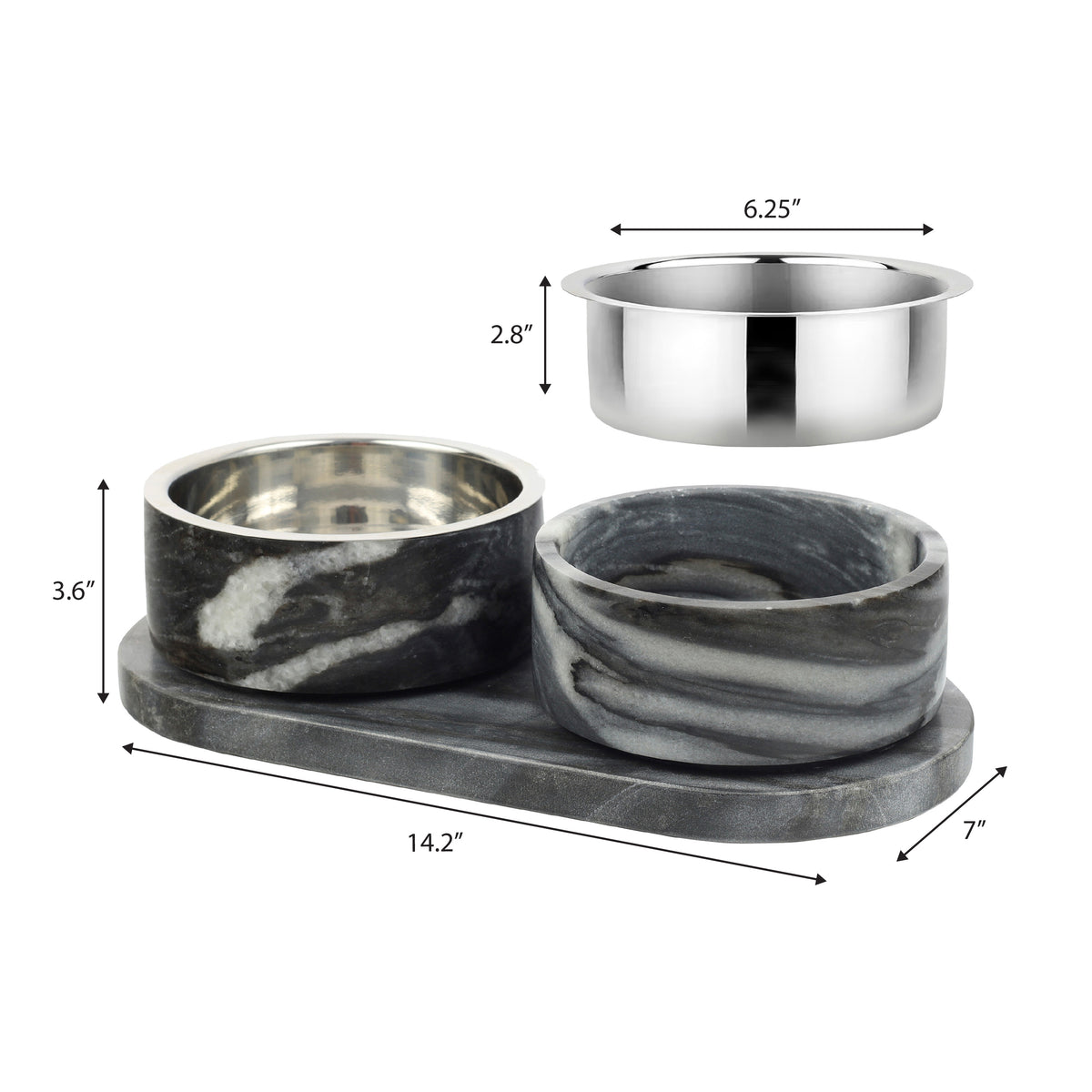 PinePaw Small/Medium Modern Weighted Double Marble and Stainless Steel Bowl 12oz (1.5 Cups) Feeder with Non-Slip Marble Tray Set