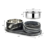 PinePaw Small/Medium Modern Weighted Double Marble and Stainless Steel Bowl 12oz (1.5 Cups) Feeder with Non-Slip Marble Tray Set
