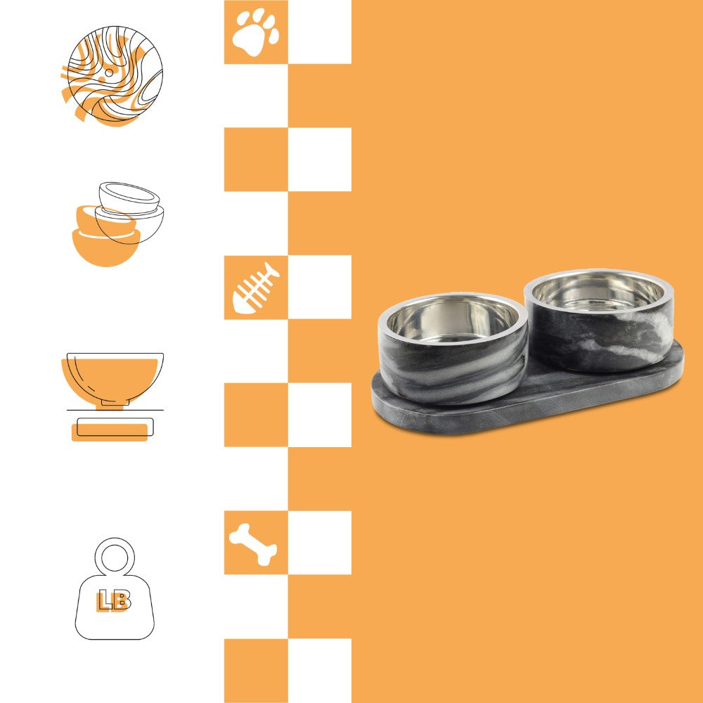 PinePaw Small/Medium Modern Weighted Double Marble and Stainless Steel Bowl 12oz (1.5 Cups) Feeder with Non-Slip Marble Tray Set